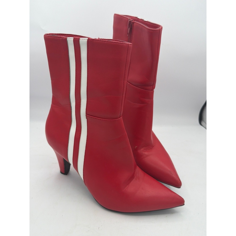 Wild Diva Red Pointed Toe Mid-Calf Heeled Boots with White Stripes